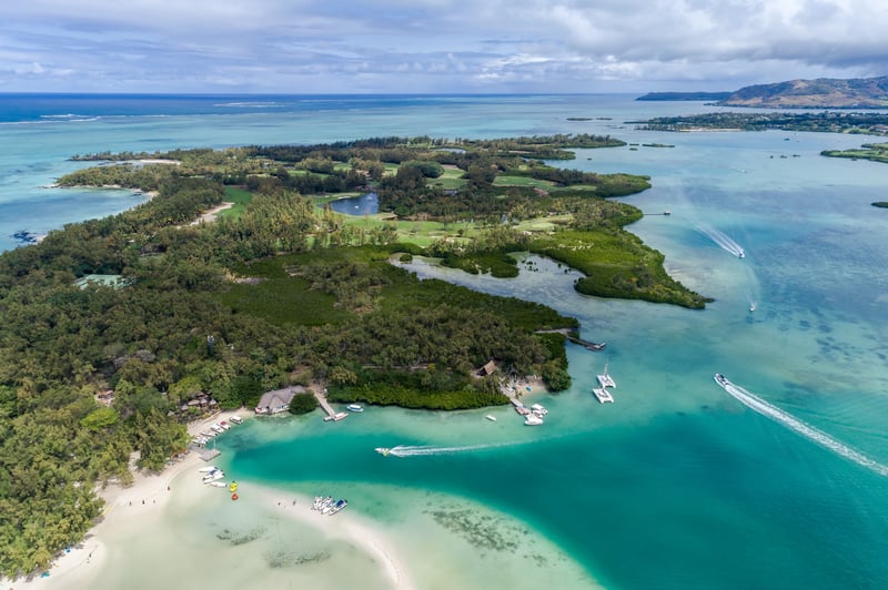 The island of Île aux Cerfs, Mauritius, home to The Bubble Lodge glamping 