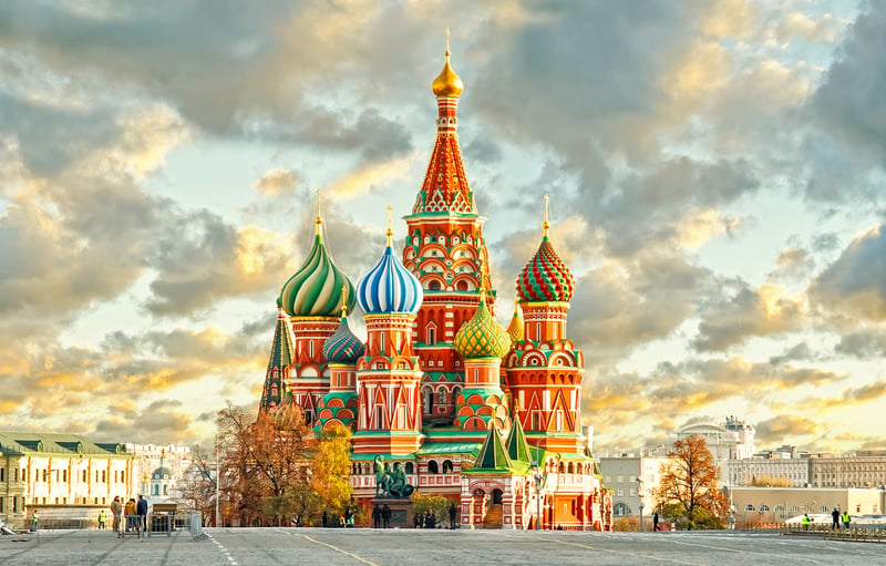 MOSCOW, RUSSIA, postcard view of red square and ST. BASIL cathedral, an architectural wonder of the world