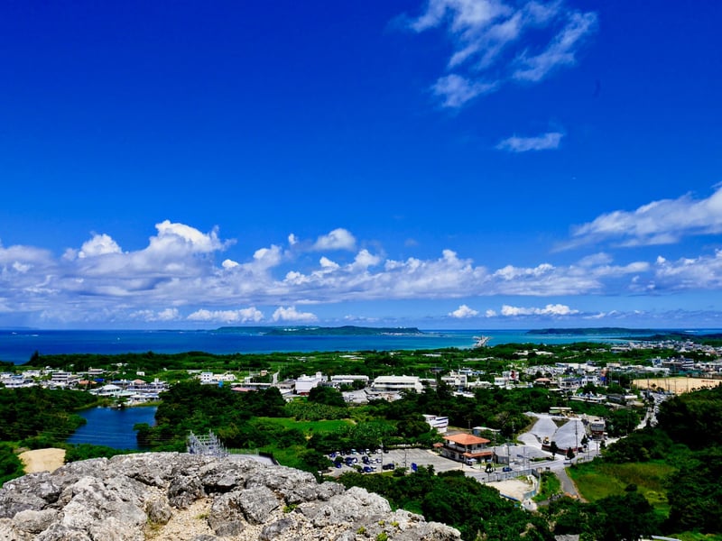 Elevated view over a beautiful coastal town in Okinawa, one of the worlds five blue zones