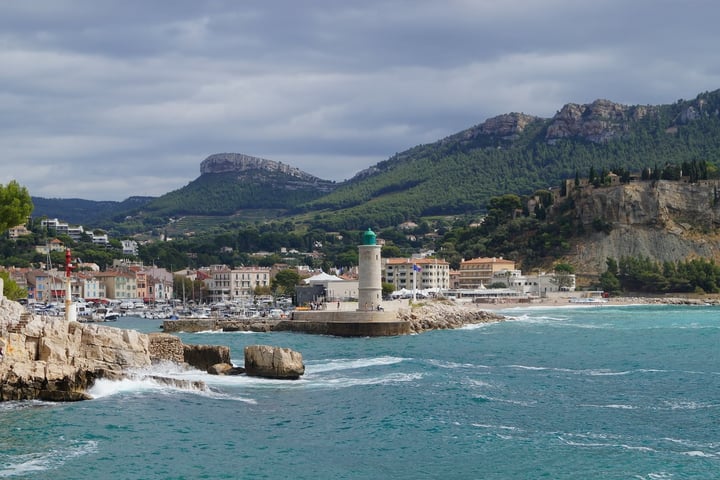 Chateau de Cassis perched on top of hill overlooking Cassis Harbor, France