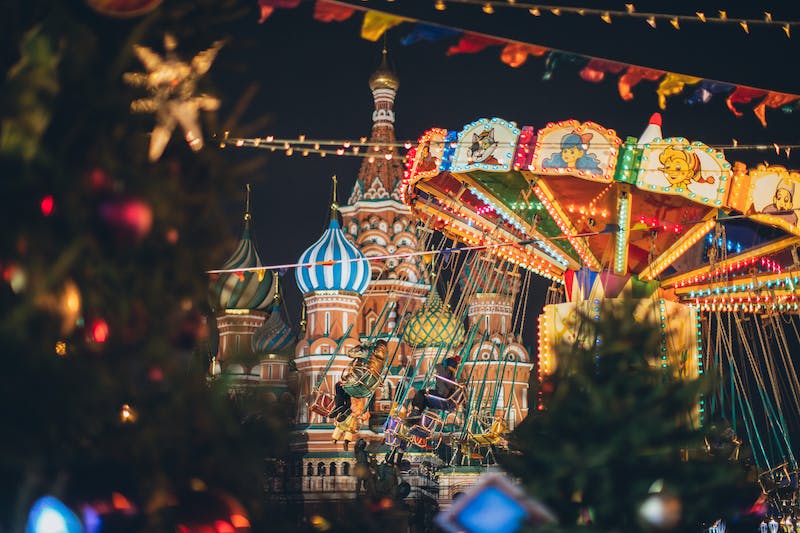 Moscows Red Square Christmas Market with the iconic St. Basil's Cathedral in the background