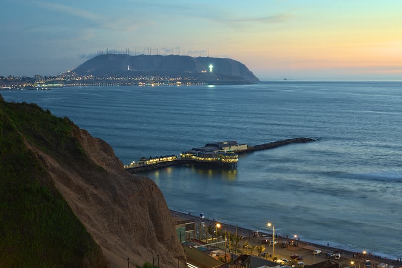 The Coastline of Lima, Peru at Twilight with the famous La Rosa Nautica restaurant over the sea, culinary capital of South America