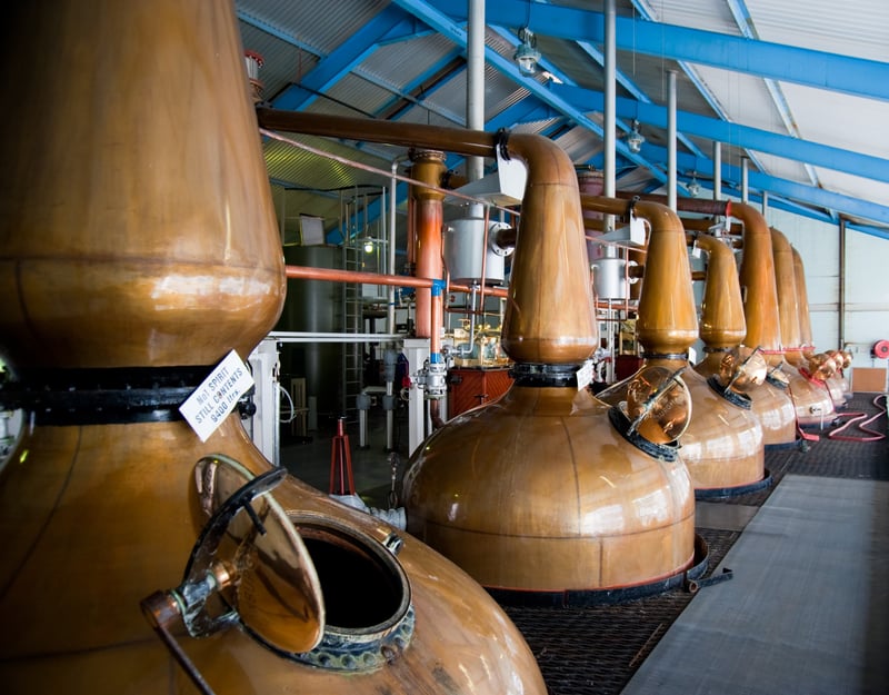 A row of copper pots for distilling whiskey