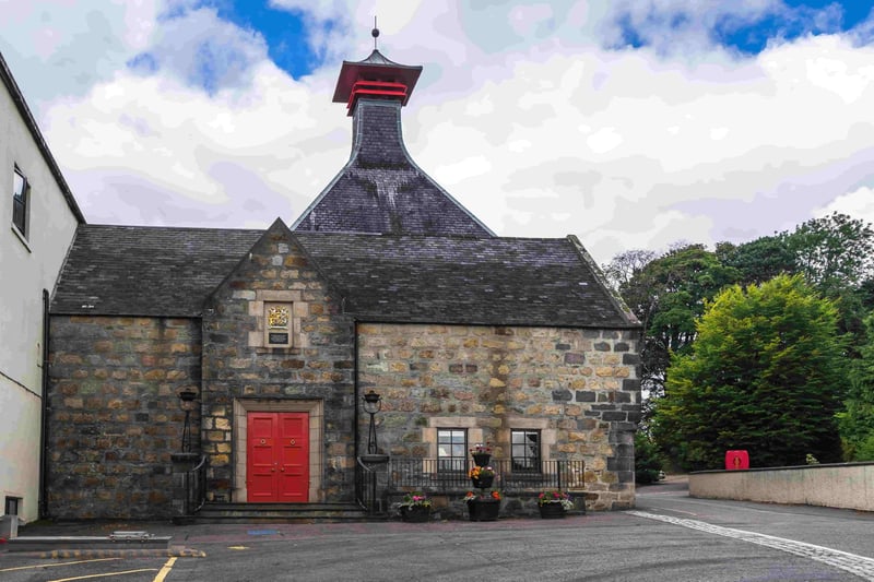 The exterior of the historic Cardhu whisky distillery with it's distinctive tower