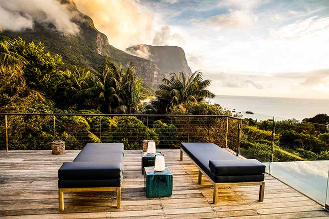 Deck view of Lord Howe Island and mountains and sea from Capella eco lodge