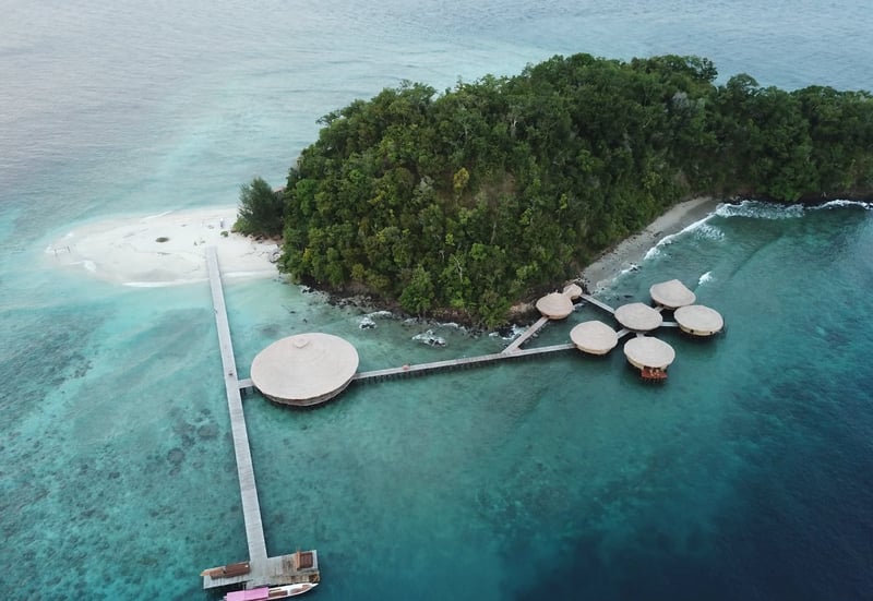 Aerial view of Maharaja Eco Dive Lodge on a tiny tropical island surrounded by coral reef in Raja Ampatdones