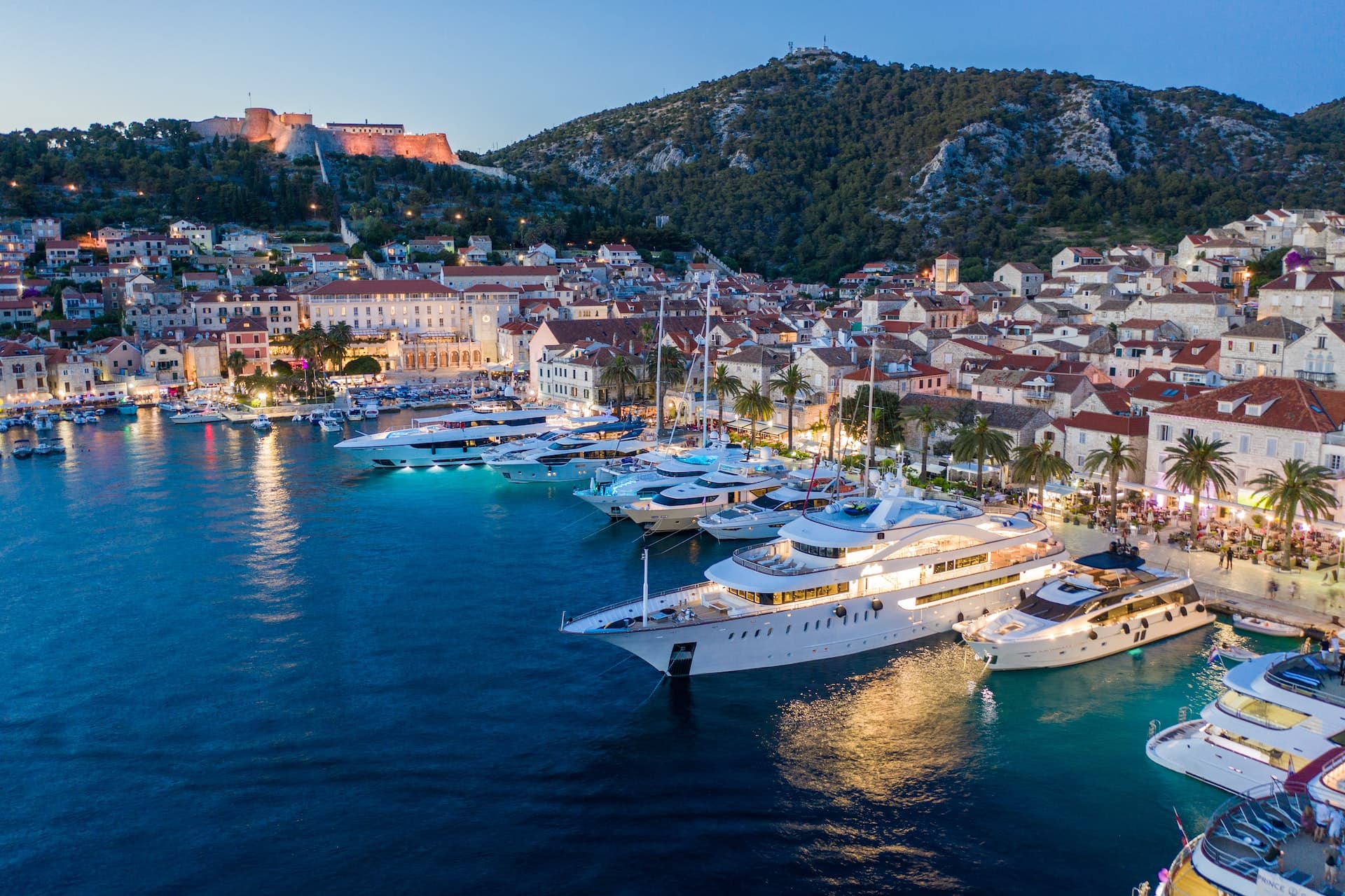 Marina full of superyachts for yacht share in Hvar, Croatia