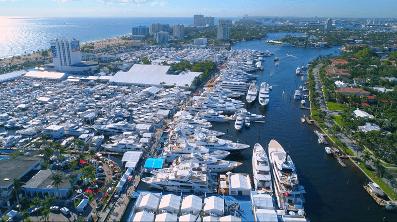 Aerial shot of the Fort Lauderdale International Boat Show and beach