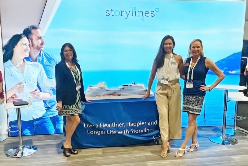 Katie, Sofia and Sharon unveiling MV Narrative residential ship model at FLIBS 2023