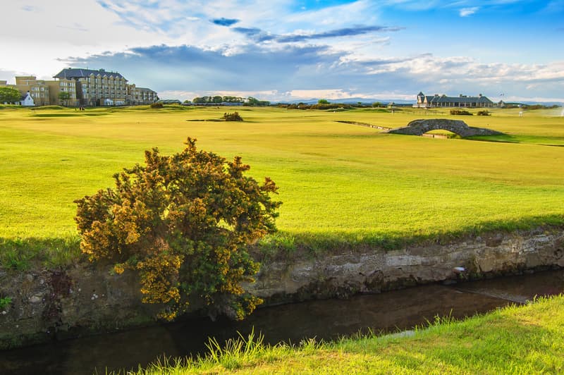 Golf St Andrews old course links. Bridge hole 18. Scotland. The home of golf.