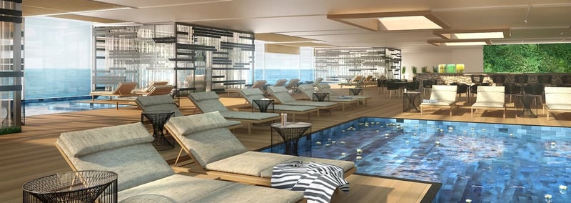 Lounge chairs, pool and marina wellness center on board Storylines MV Narrative residential ship