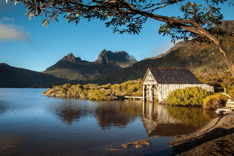 Wooden boat shed at Dove Lake at dawn. Cradle Mountain. Tasmania. Australia, one of the world's best multi day hikes