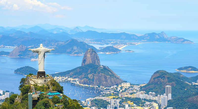 Aerial shot over Christ the Redeemer and Rio De Janeiro below, a challenging climb but you are rewarded with one of the best views of a city in the world