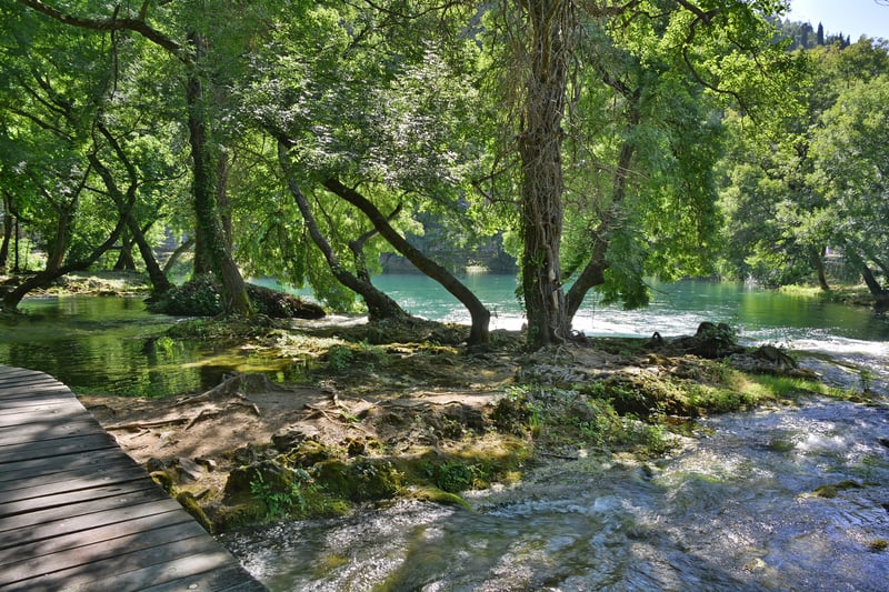 A boardwalk around Skradinski Buk waterfall in the Krka National Park, Sibenik-Knin County, Croatia.
