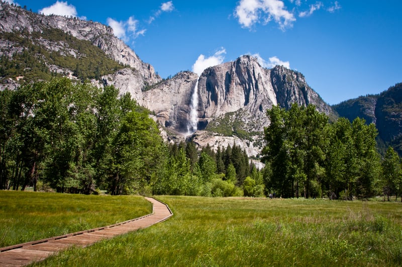 Yosemite meadow and boardwalk towards Upper Yosemite Falls