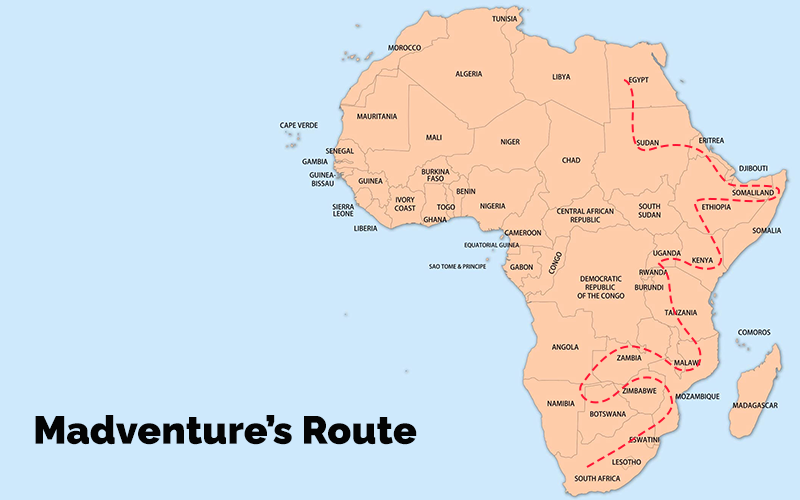 Map of Africa with Madventure's Route