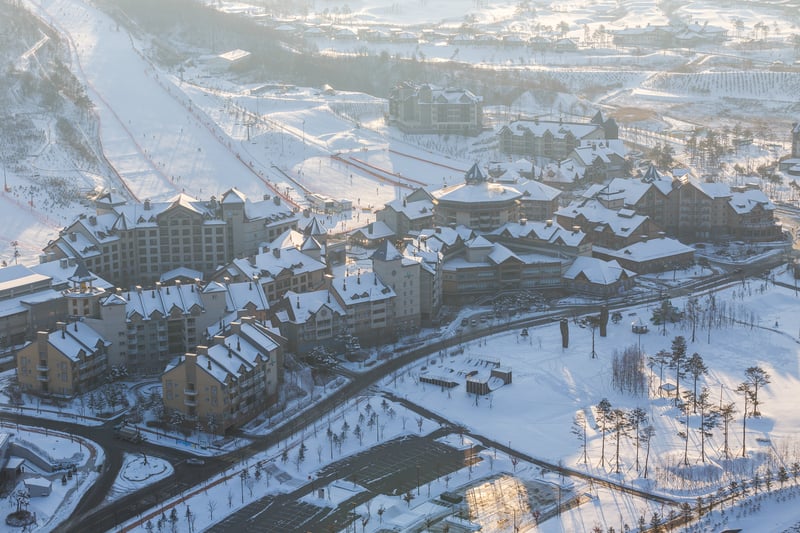 Alpencia, South Korea, 2016 - Olympic ski Village for the 2018 Winter Olympics. Hotel at the ski slope in the Olympic village. View from above