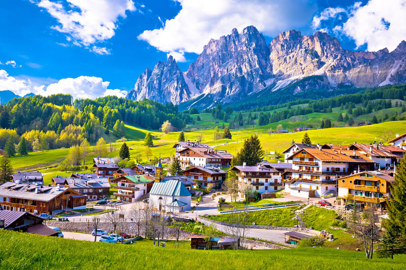 Alps landscape in luxury ski destination Cortina D` Ampezzo, idyllic mountain peaks of Dolomites, Trentino Alto Adige region of Italy