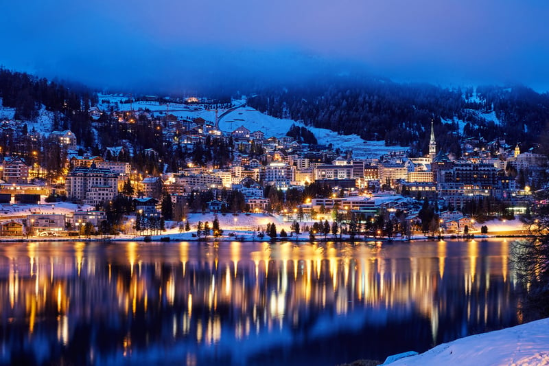 Luxury ski resort St. Moritz at night. Lights reflecting on lake. Switzerland