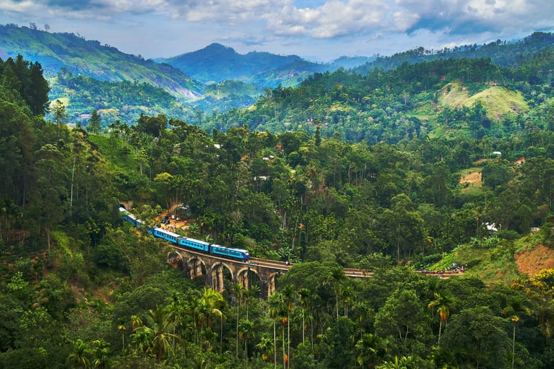 An exotic railway with train on bridge over jungle, a great way to slow travel