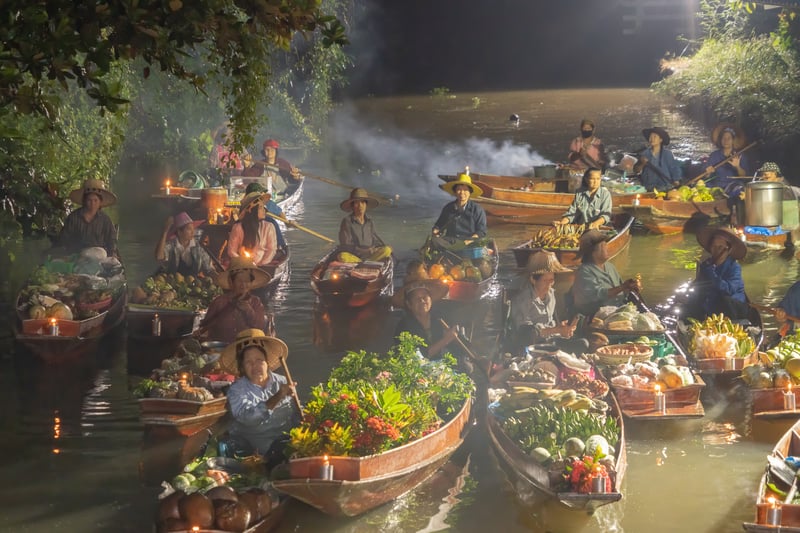 Floating market somewhere in Asia, a cultural way to support the local community