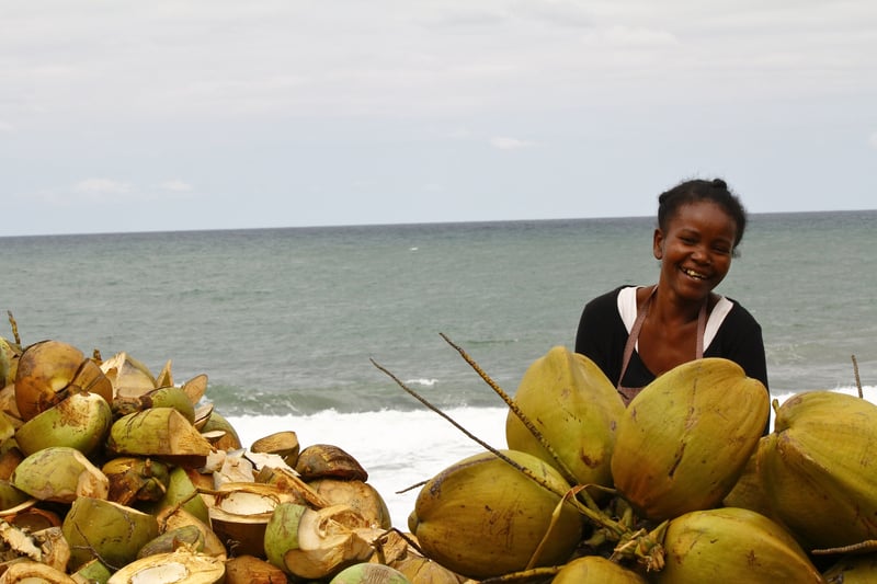 Malagasy woman selling coconuts on the beach, Madagascar