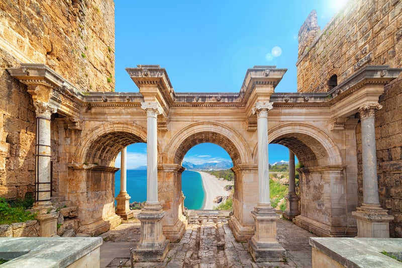 Mediterranean Travel: Hadrian's Gate old town Kaleici district and Konyaalti beach in Antalya, Turkey