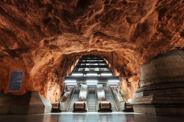 Escalator through underground cave in Stockholm, Sweden, Scandinavia