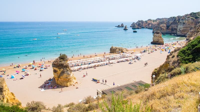 Beautiful beach with rocky outcrops in Algarve, Portugal