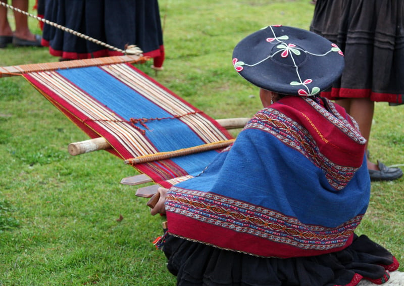 Demonstration of ancient traditions in alpaca wool weaving by the women of Chincheros, Peru