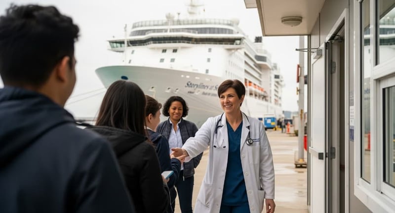 Doctor greeting patient at port with Storylines residential cruise ship in background