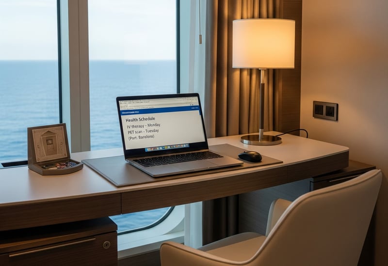 Laptop on home office desk inside cruise ship condo with a Health treatment plan on screen and vast blue ocean outside