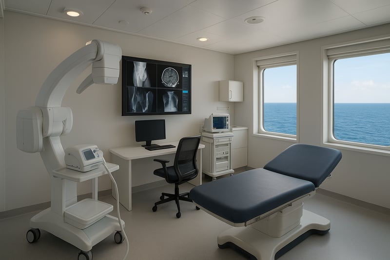 Onboard medical clinic with vast expanse of ocean outside the window