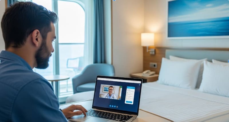 Man inside his cruise ship apartment on his laptop having a telehealth appointment with doctor on the screen