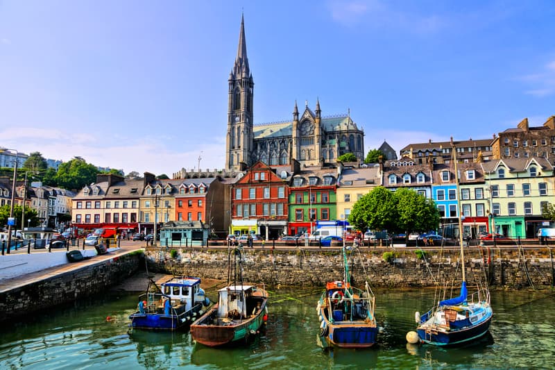 Colorful buildings and boats in Cobh Harbor in Cork, Ireland