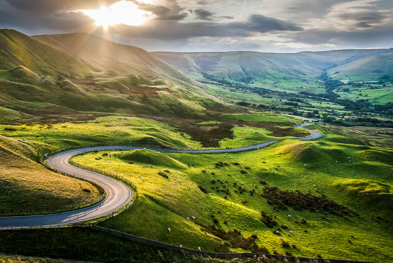 Scenic road trip through Mam Tor, Peak District National Park in England 