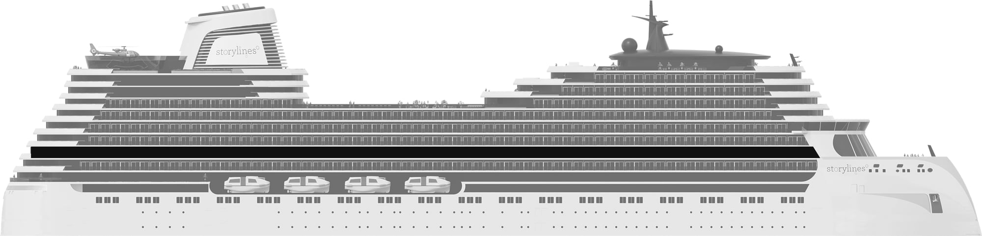 Profile shot of Storylines residential ship showing the location of Deck 10