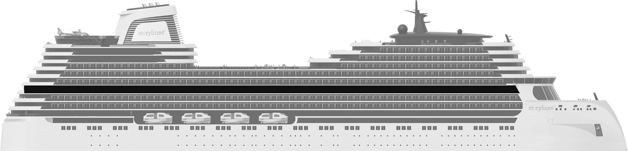 Profile shot of Storylines residential ship showing the location of Deck 11