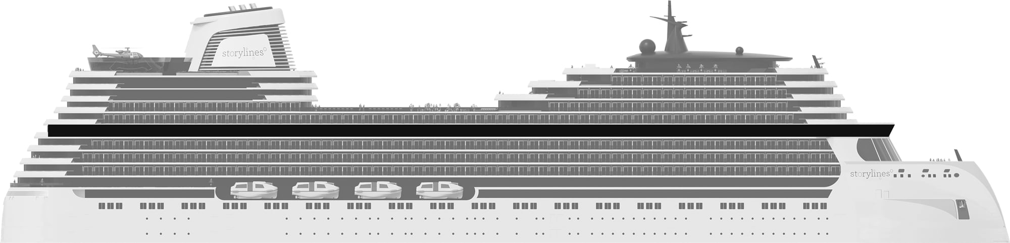 Profile shot of Storylines residential ship showing the location of Deck 12