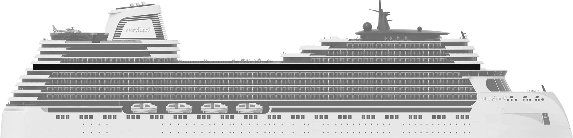 Profile shot of Storylines residential ship showing the location of Deck 14
