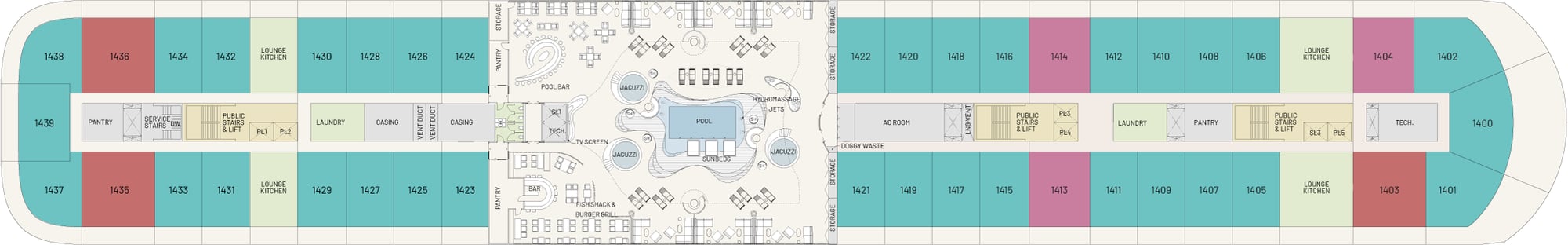 Floorplan of Deck 14 showing the location of the condo's on the cruise ship