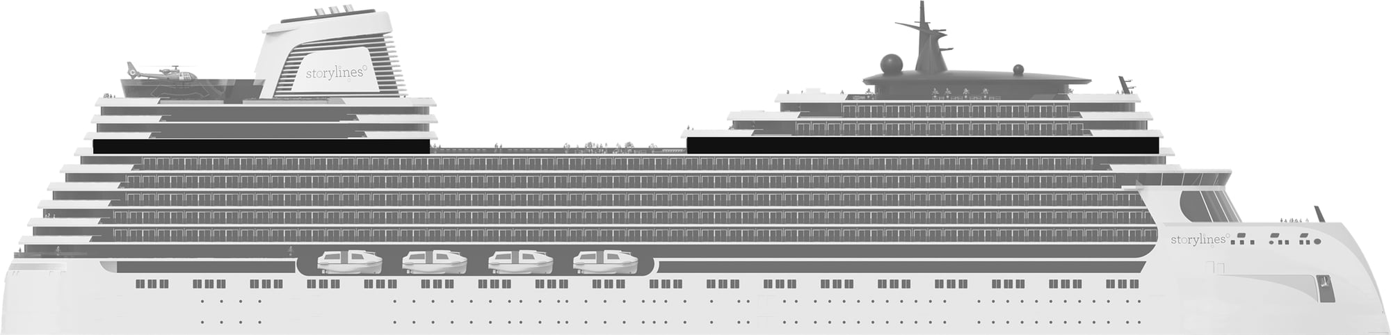 Profile shot of Storylines residential ship showing the location of Deck 15