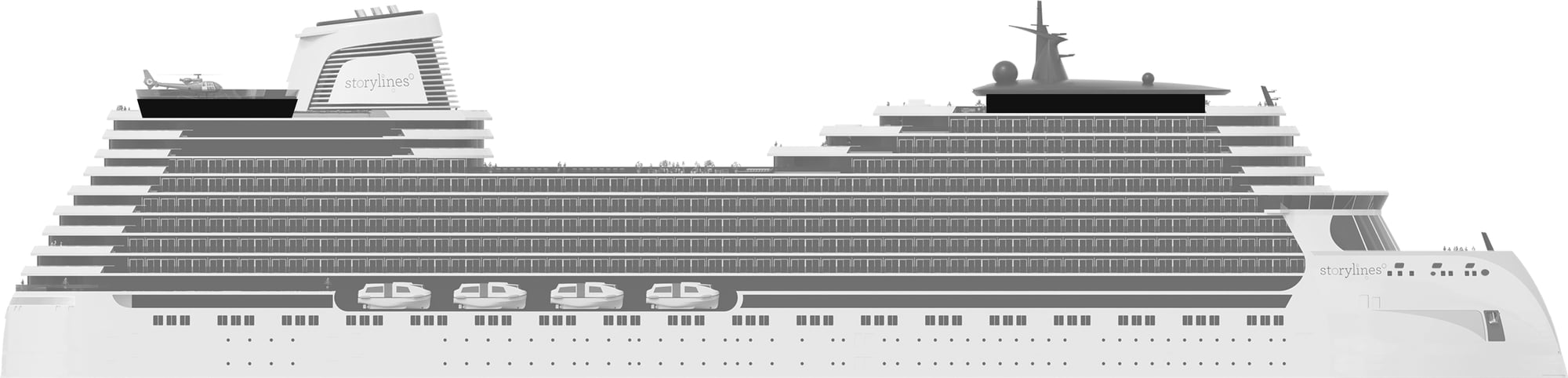 Profile shot of Storylines residential ship showing the location of Deck 18