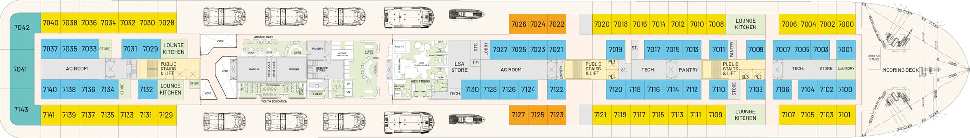 Floorplan of Deck 7 showing the location of the condo's on the cruise ship
