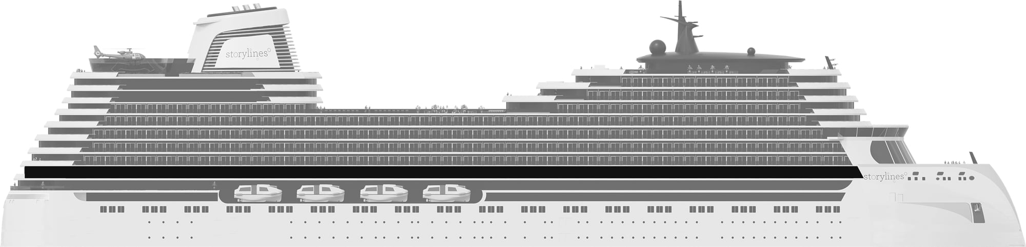 Profile shot of Storylines residential ship showing the location of Deck 9