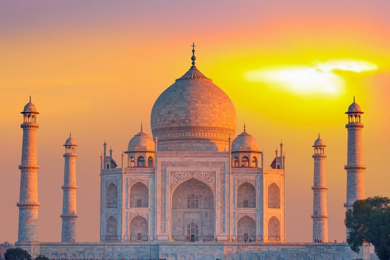 Taj Mahal at sunset as seen while traveling the world
