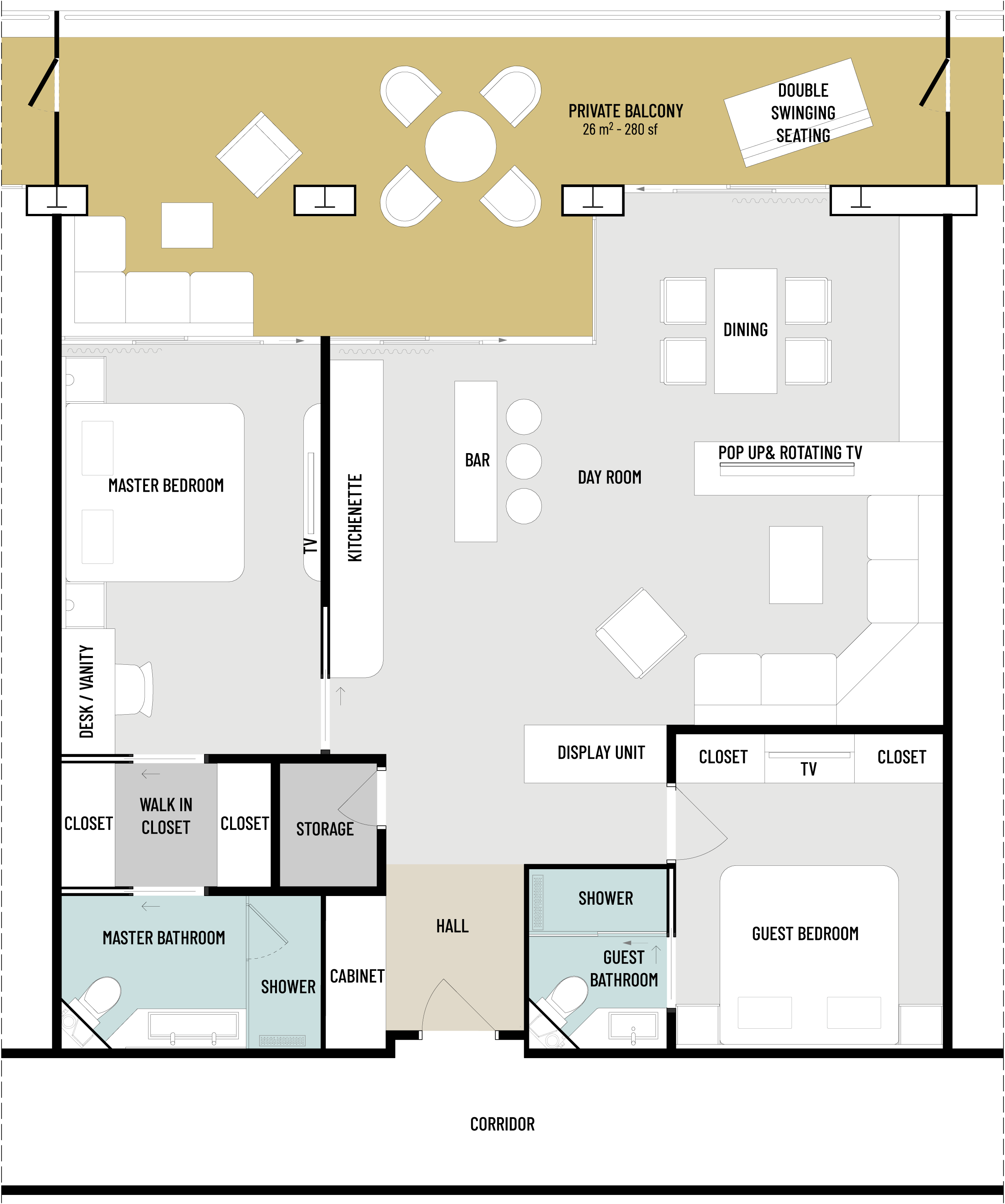 Floorplan of RU4.3 residential ship home showing Living, dining, bar and kitchenette, as well as master and guest bedrooms, bathrooms and balcony