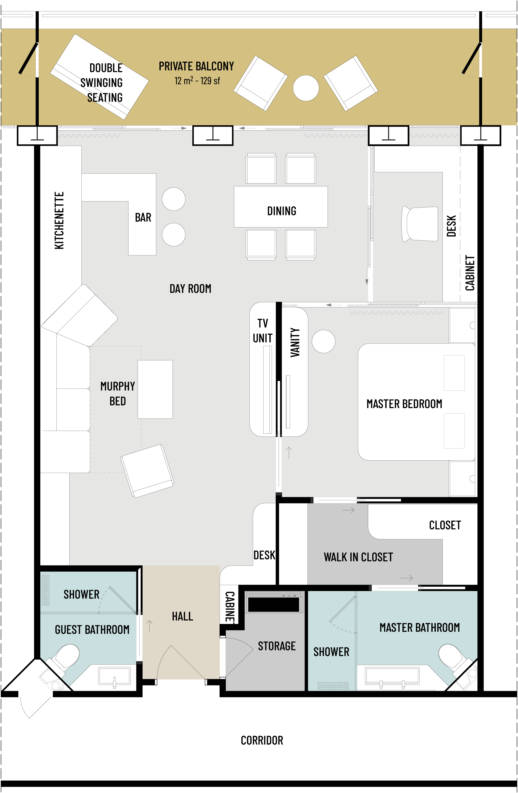 Floorplan of RU4 unit on cruise ship generous spaces for living, dining, bar area and home office.