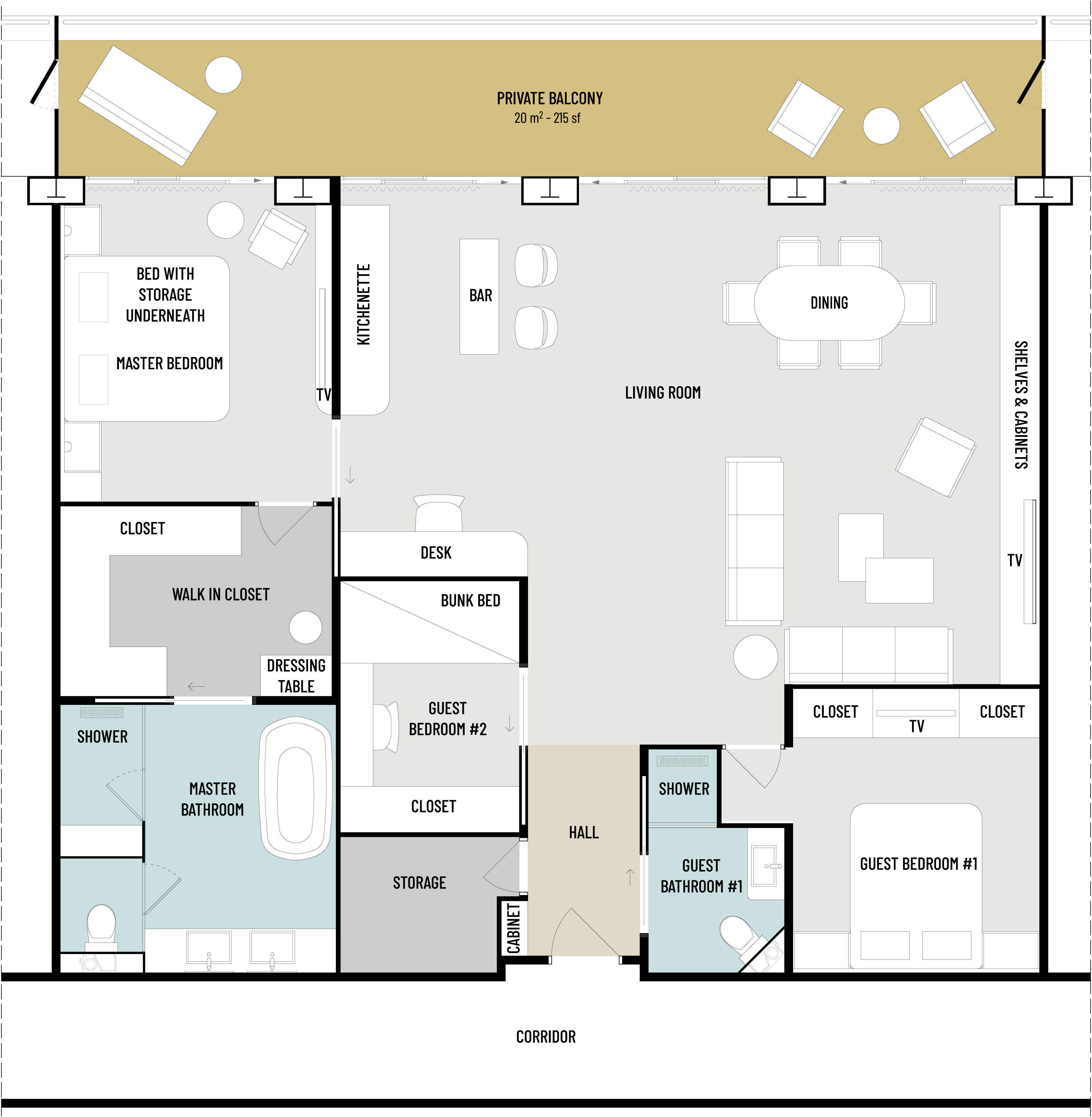 Floorplan of RU5.1 cruise ship apartment showing living room, bunk bed, home office, master bedroom, guest bedrooms, bathrooms and balcony